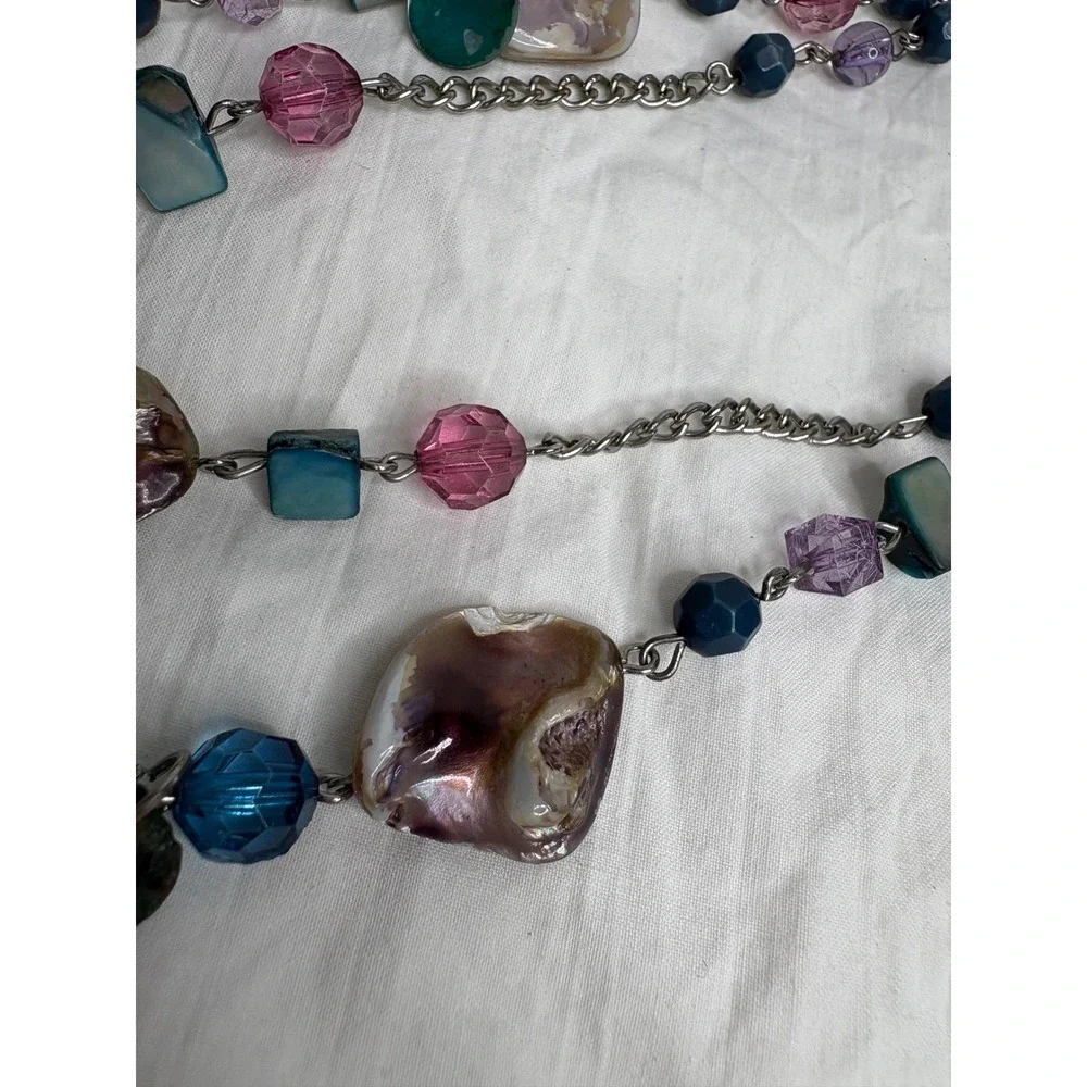 Multi Strand Statement Necklace Natural Shell Beads Blue Pink Purple Accent